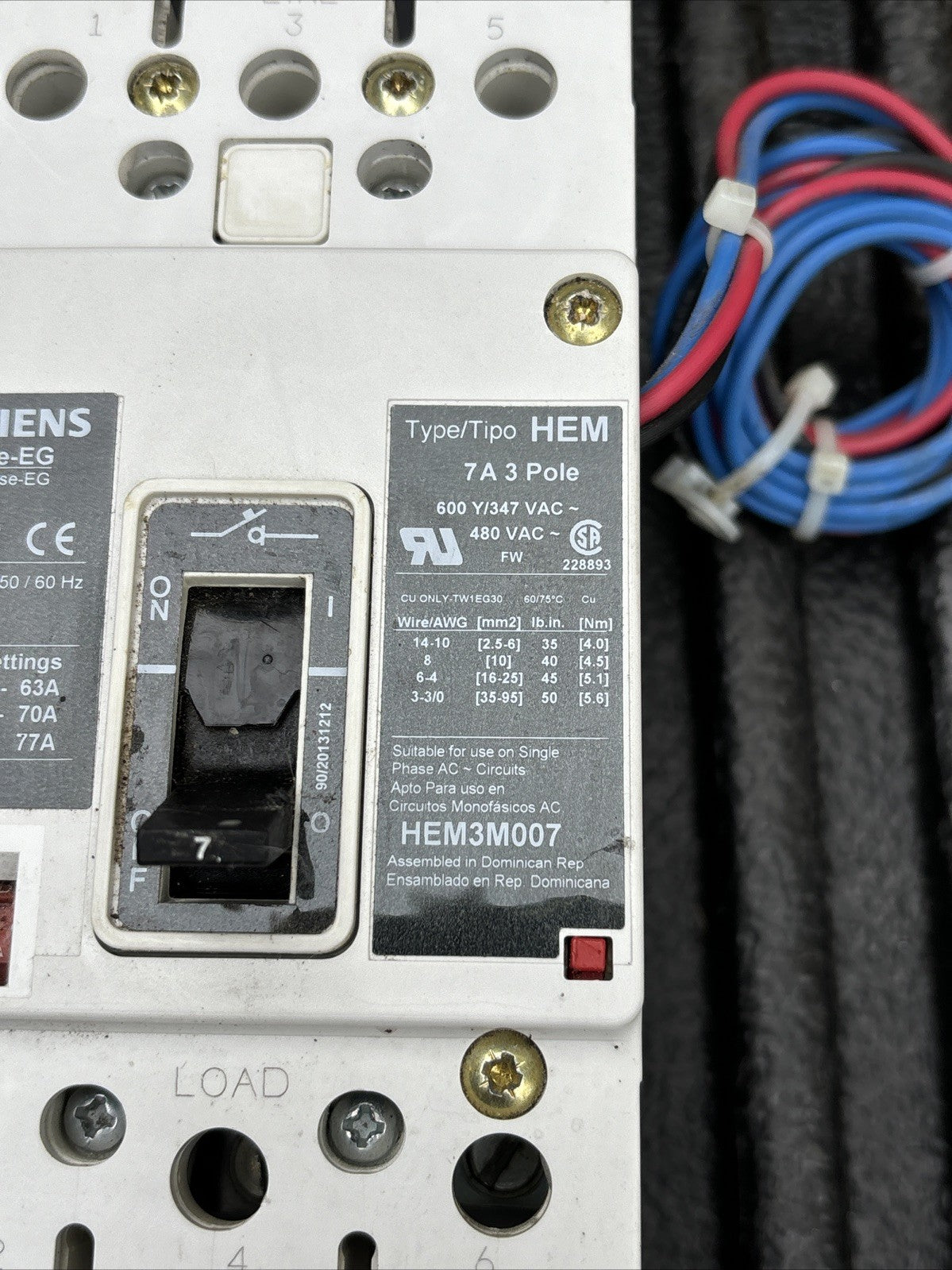 SIEMENS HEM3M007 7Amp 3P 480VAC EG FRAME C.B. Used, Tested1