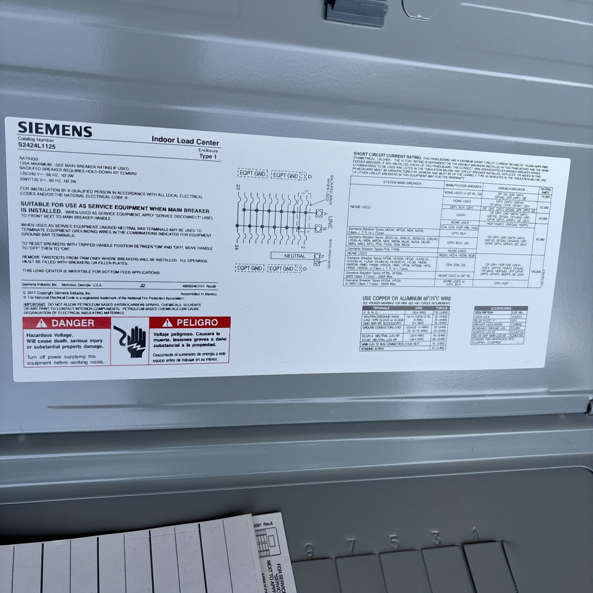 NEW Siemens Main Lug Loadcenter S2424L1125G 1 Phase 3 Wire 120/240v MLO 24C2