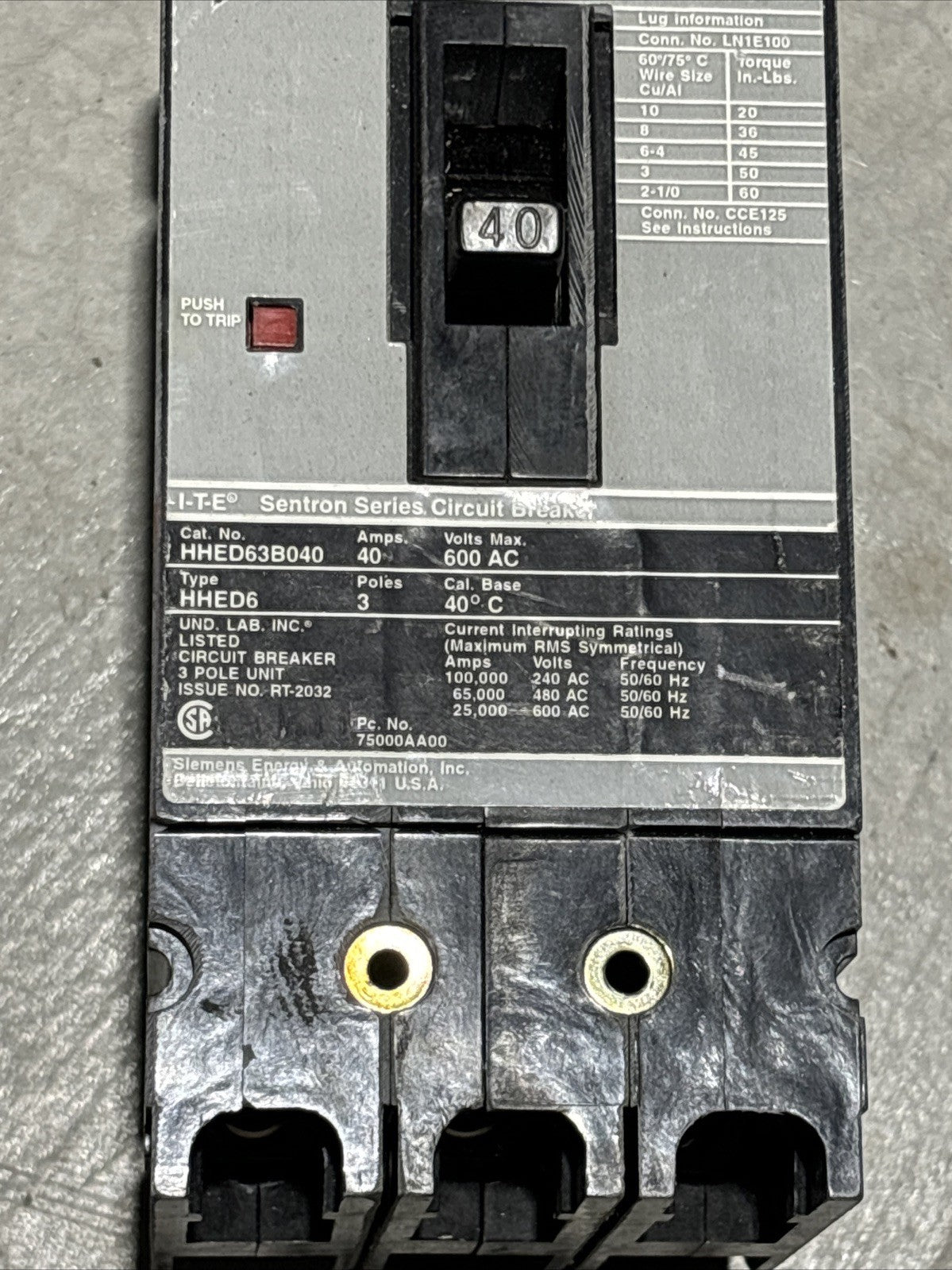 Siemens HHED63B040 40 Amp 3 Pole 3 Phase 600Vac Circuit Breaker1