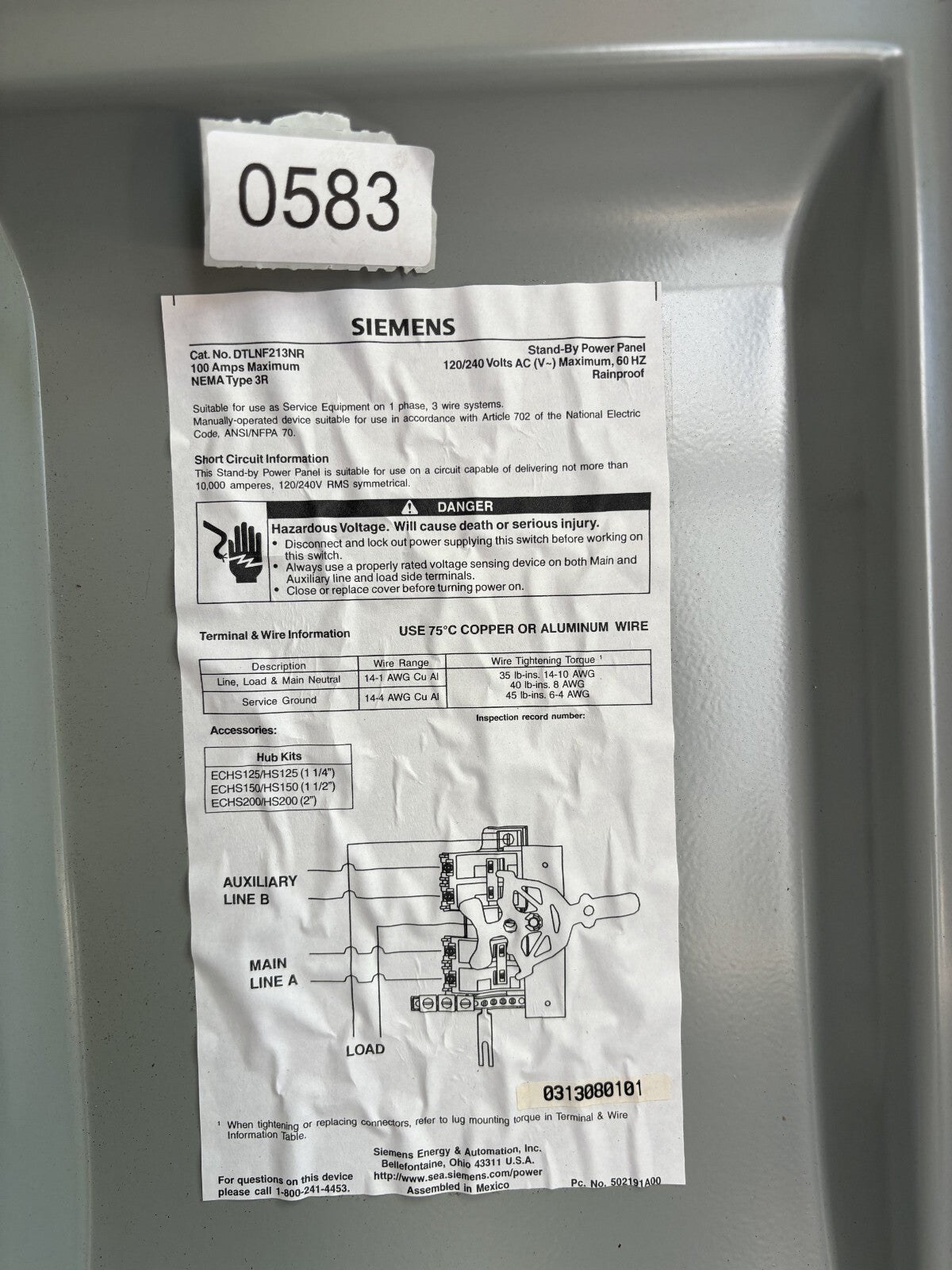 Siemens DTLNF213NR General Duty Stand By Power Panel 100 Amp5