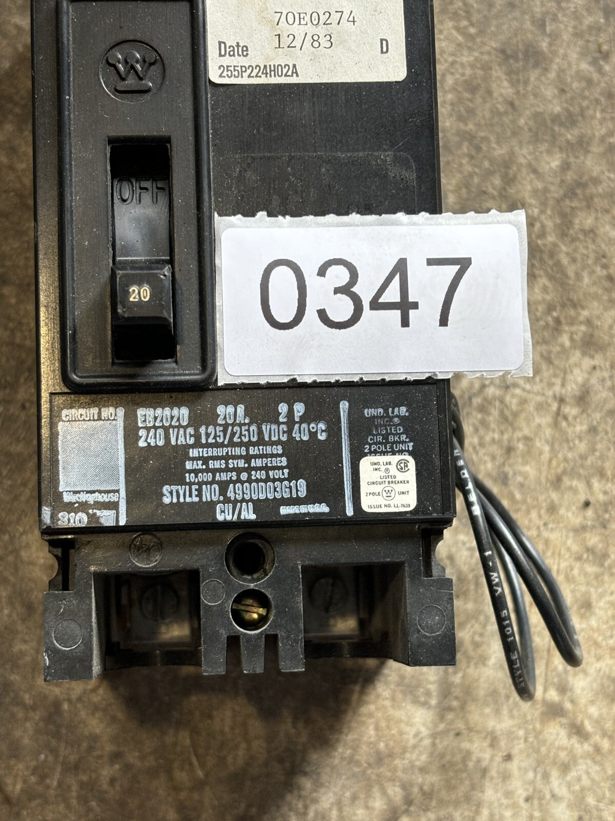 Westinghouse EB2020 Circuit Breaker 2 Poles 240 Vac 20 Amp1