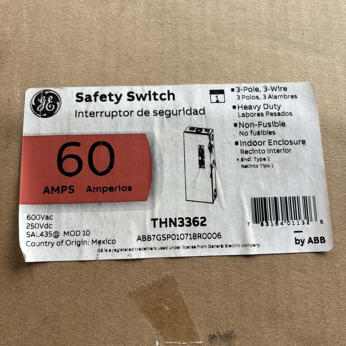 NEW GE THN3362 60 Amp 600V 3 Pole Non Fused Nema 1 Safety Switch MOD 100