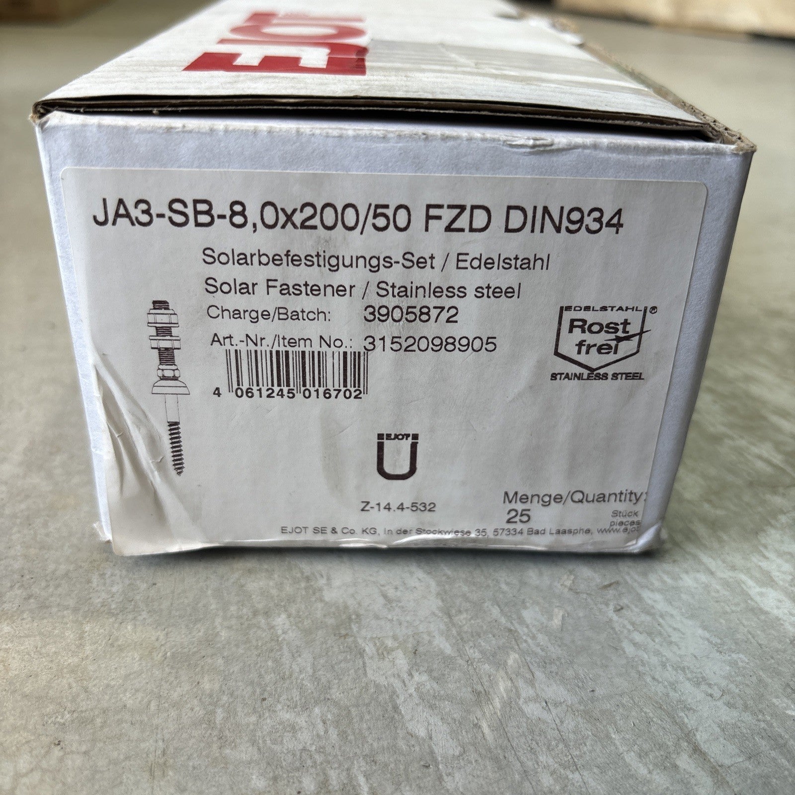 25EJOT Solar Fastener Set JA3-SB-8,0x200/50 DIN934 M10 8.0x200mm Stainless Steel1