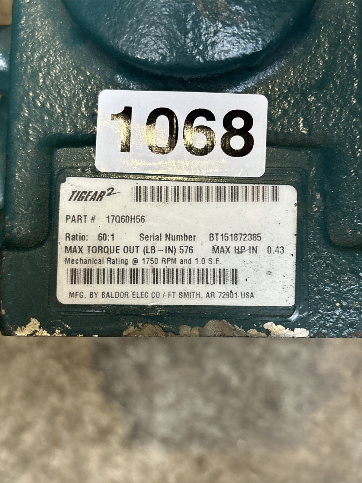 Dodge Tigear 2 17Q60H56 Gearbox 60:1, 576Lb/in, 0.43HP In, 1750RPM 1" Out Bore1