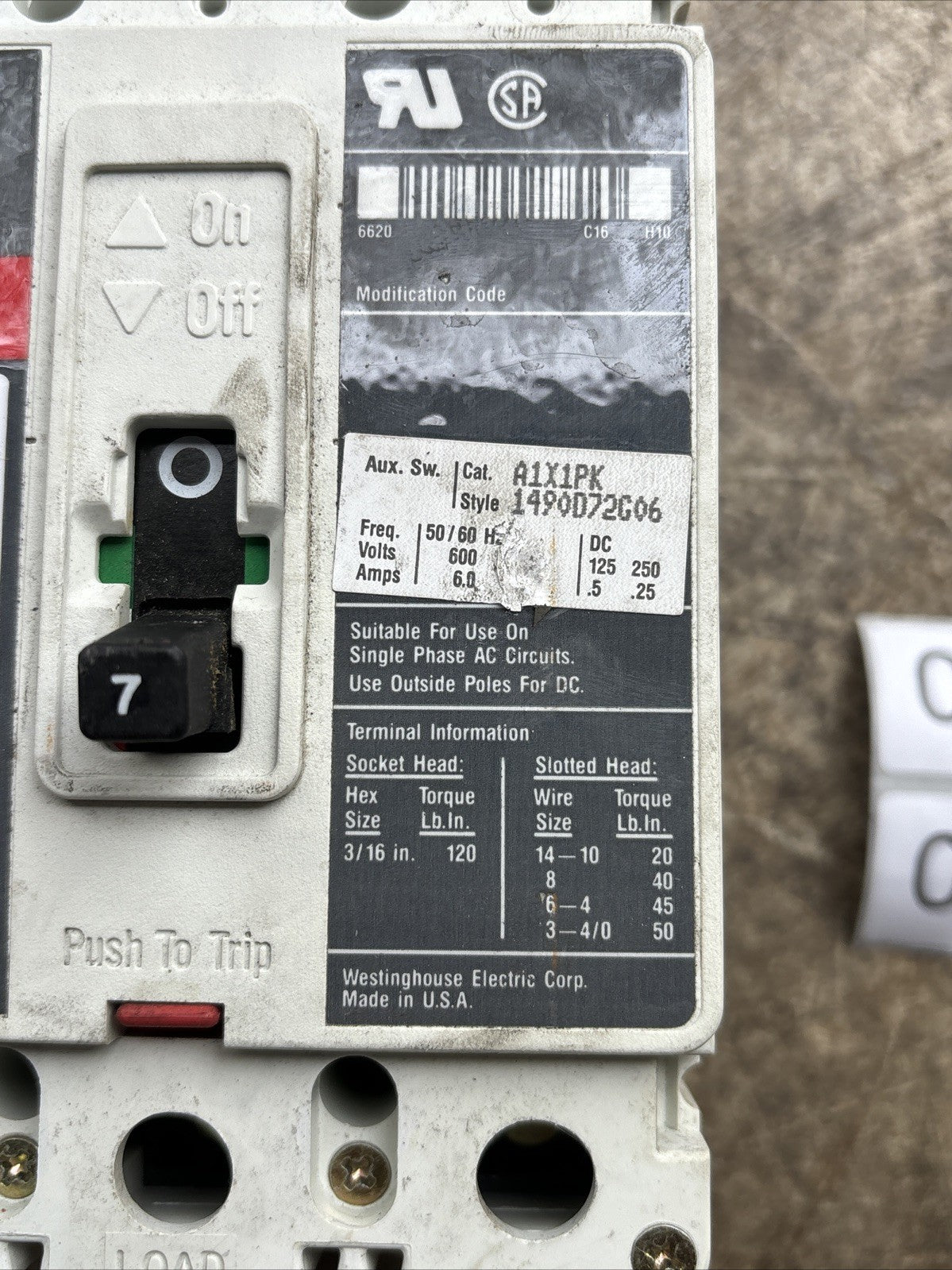 Westinghouse Motor Circuit Protector HMCP007CDC 7 Amp 600 Volt 3 Pole4