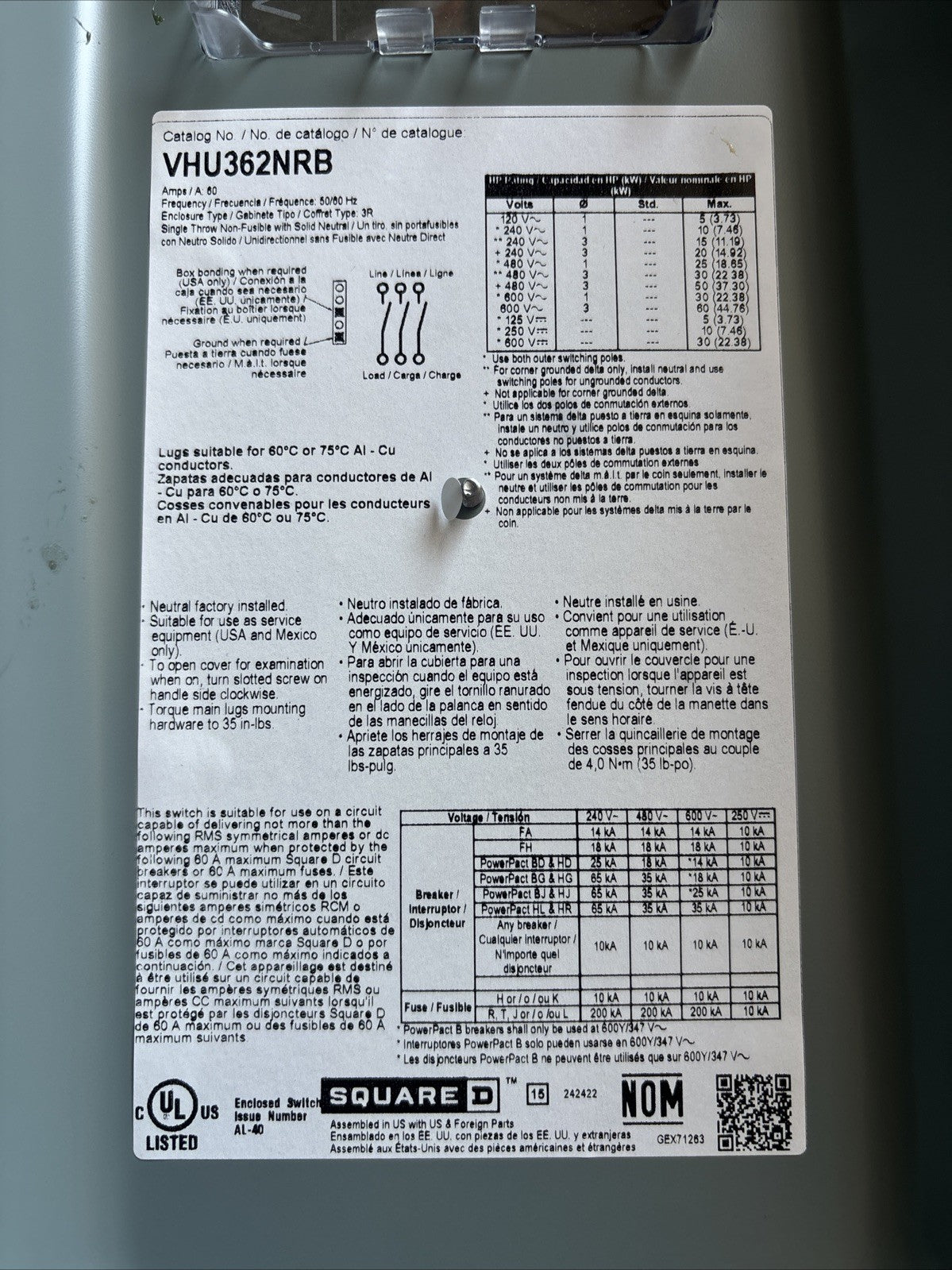 New No Box Square D VHU362NRB Heavy Duty, Unfused Safety Switch Viewing Window4