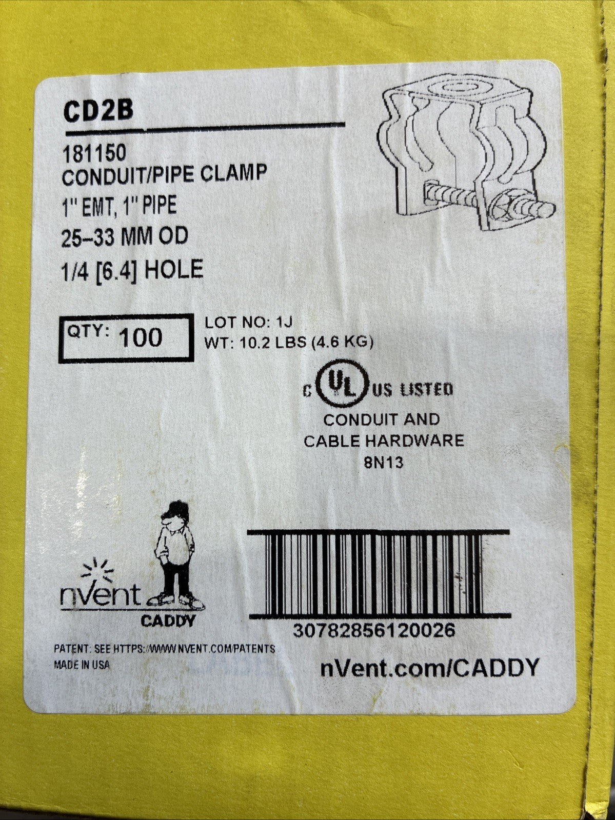 100PK nVent CADDY CD2B Conduit/Pipe Clamp, 1" EMT/Rigid, Steel, Zinc‑Plated1