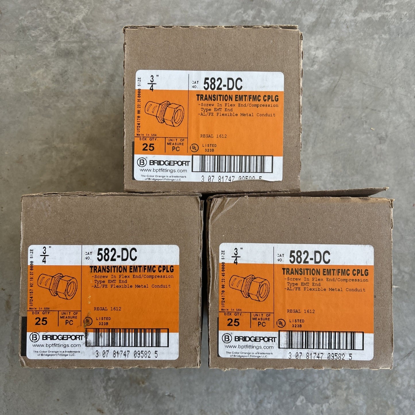 Lot Of 75 Bridgeport 582 DC Transition EMT/FMC CPLG 3/4",0