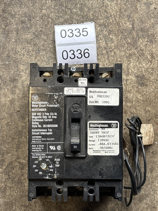 Westinghouse MCP23480CR 50 A Motor Circuit Protector Breaker 3 Pole 600 VAC Used0