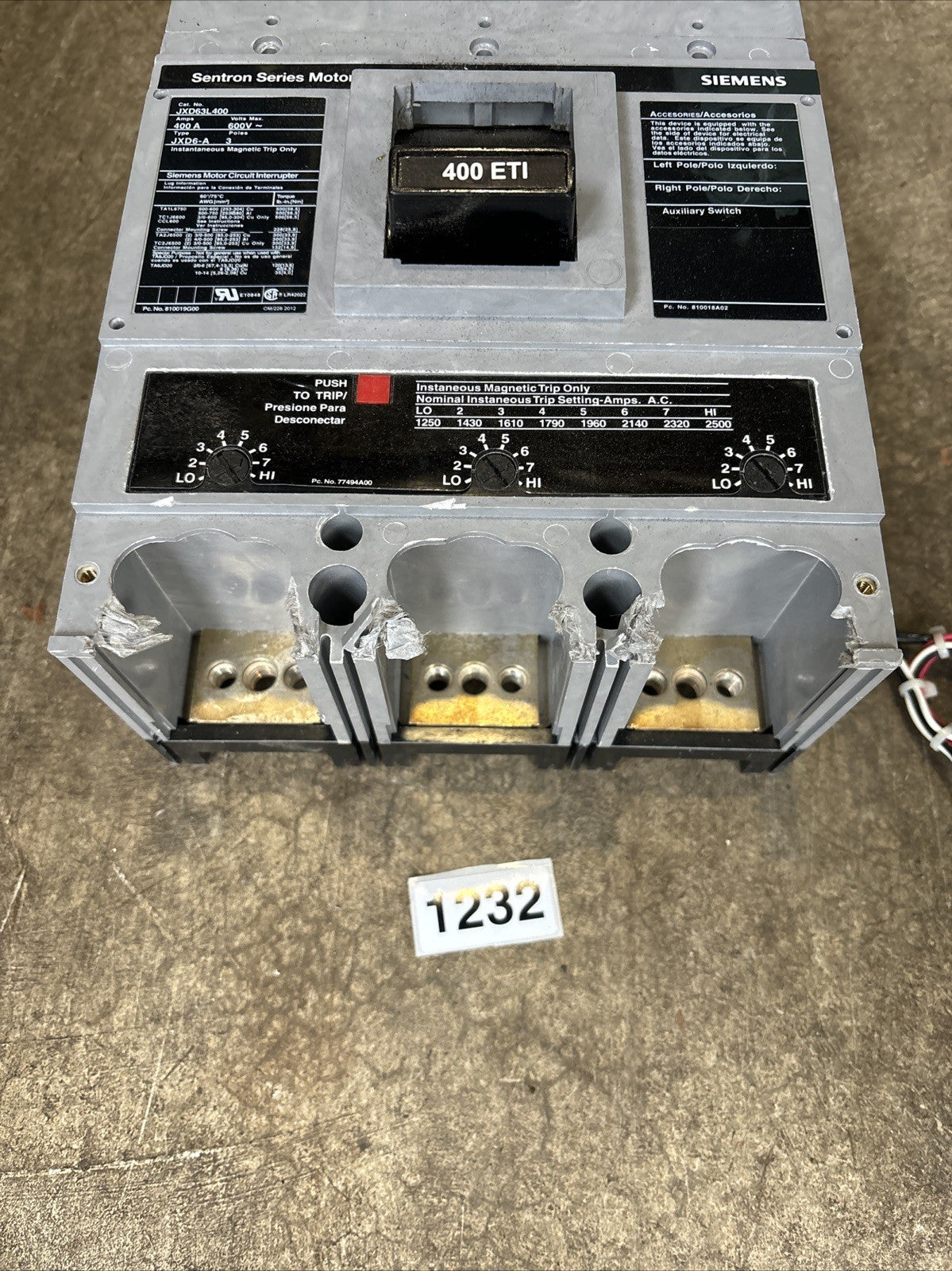 Siemens Sentron JXD63L400 Circuit Breaker 3P, 400A, 600VAC2