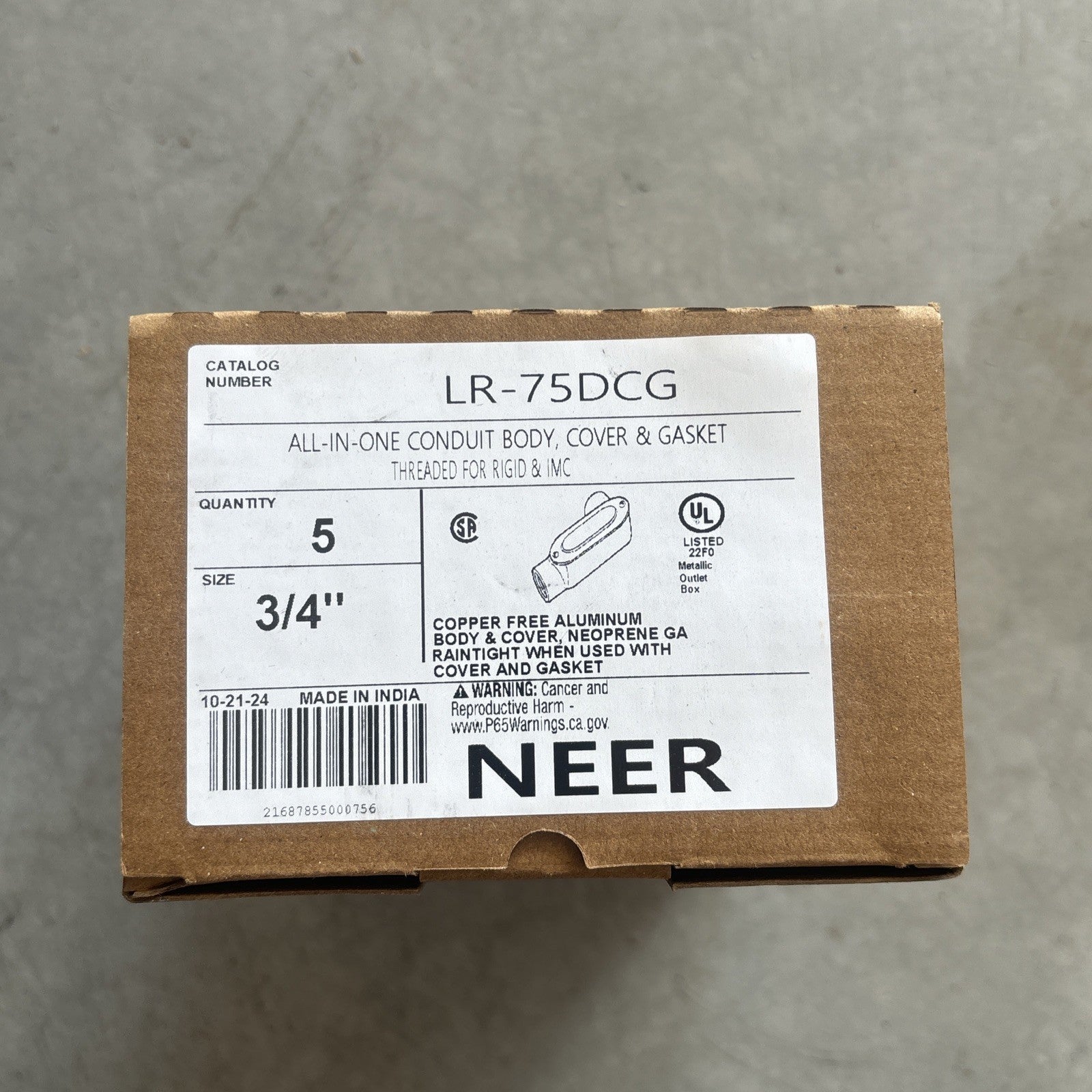BOX OF 5 NEER LR-75DCG 3/4" ALL-IN-ONE CONDUIT BODY WITH COVER & GASKET0