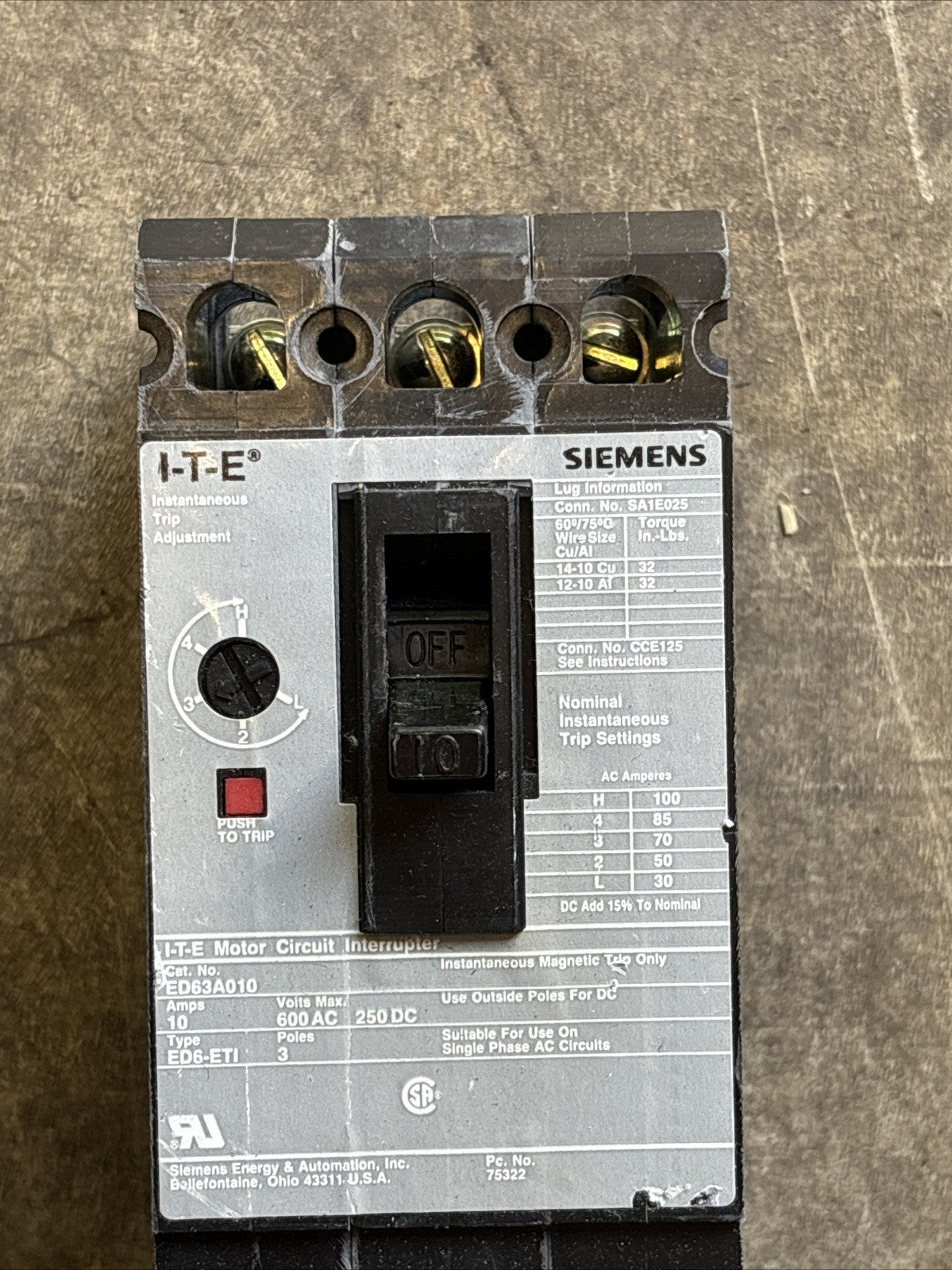 Siemens ITE ED63A010 10A 3P Circuit Breaker2