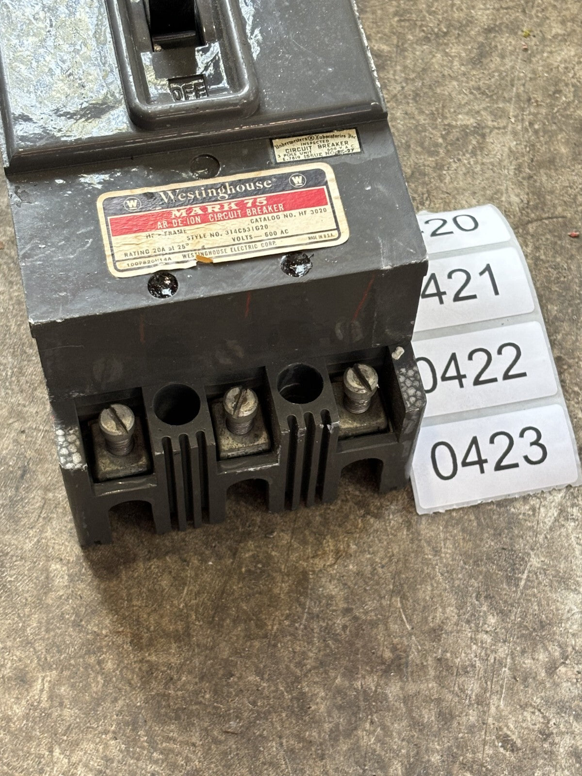 Westinghouse HF3020 Circuit Breaker 20 Amp 3 Pole 600 Vac2