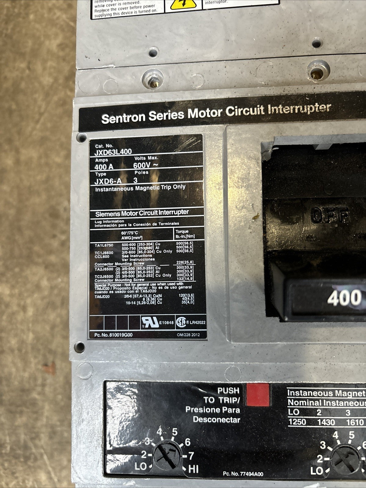 Siemens Sentron JXD63L400 Circuit Breaker 3P, 400A, 600VAC1