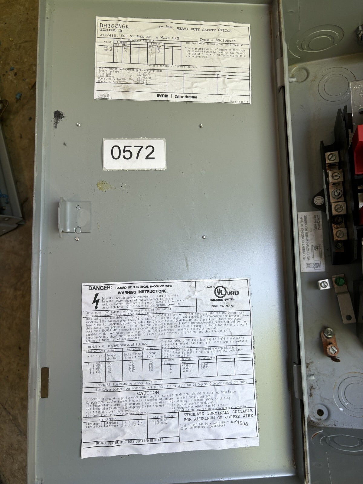 Eaton DH362NGK Heavy Duty Safety Switch 60 Amp 600 Vac3