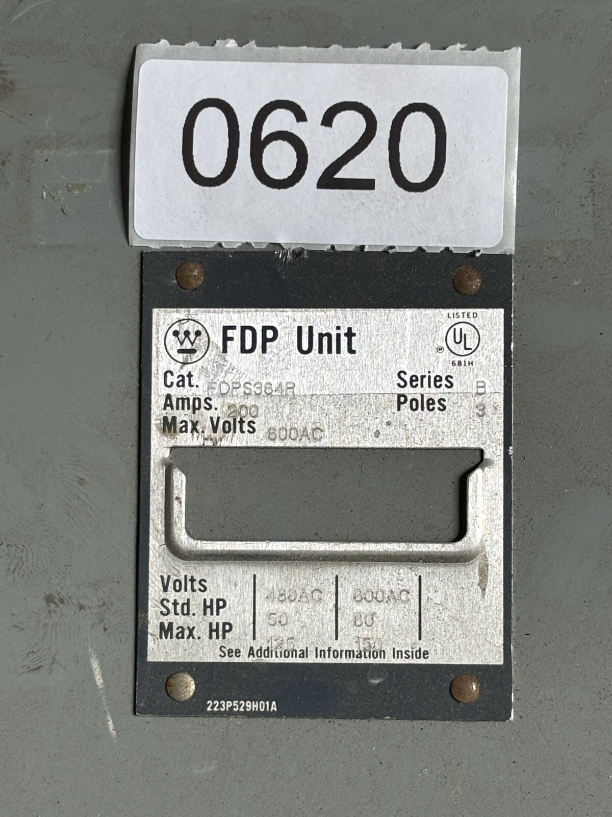 Westinghouse FDPS364R Fusible Panel Mount Switch 200 Amp 3 Pole 600 Vac1