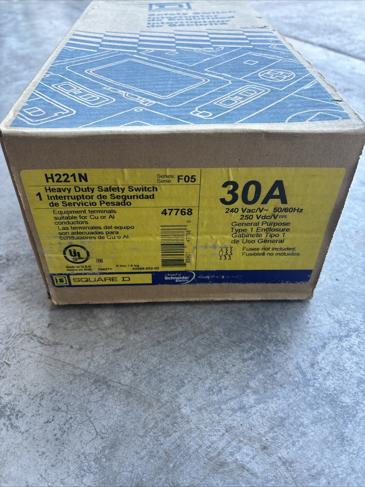 Square D H221N 30A 2P 3W 240VAC Heavy Duty Fusible Safety Switch NEMA Type 10