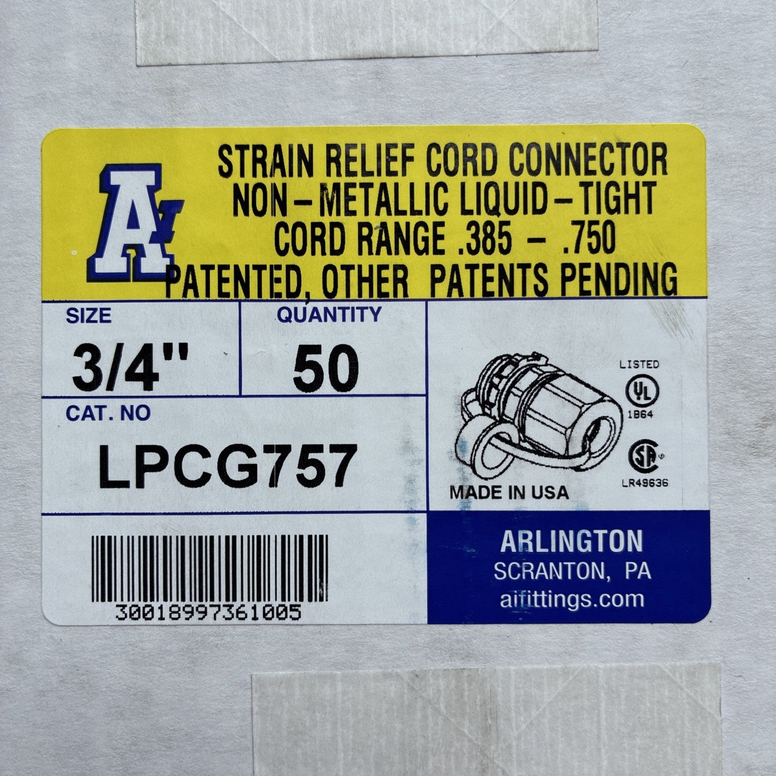 New Arlington LPCG757 Strain Relief Cord Connector 3/4" Range .375 .750 Qty 501