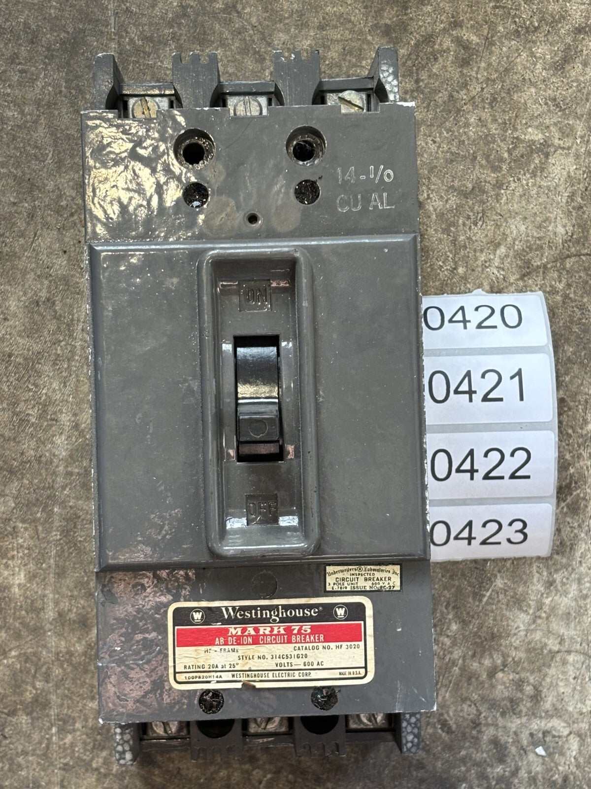 Westinghouse HF3020 Circuit Breaker 20 Amp 3 Pole 600 Vac0