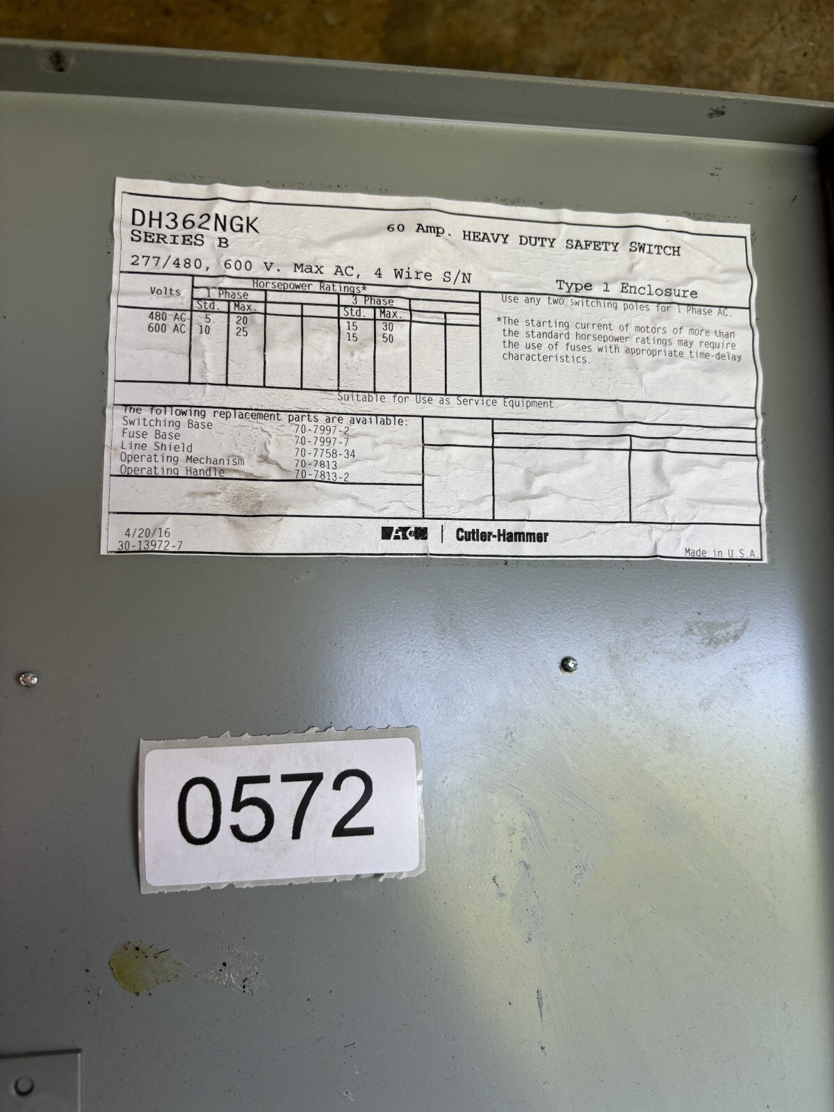 Eaton DH362NGK Heavy Duty Safety Switch 60 Amp 600 Vac4