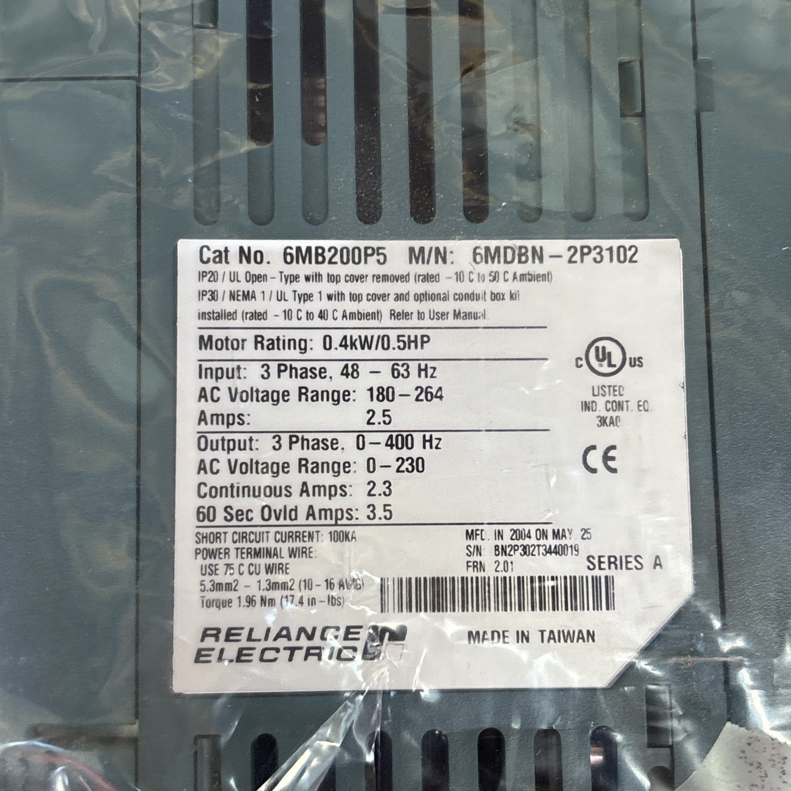 Reliance Electric MD65 AC DRIVE 6MB200P5 0.5HP 0.4kW 6MDBN 2P3102 NEW4