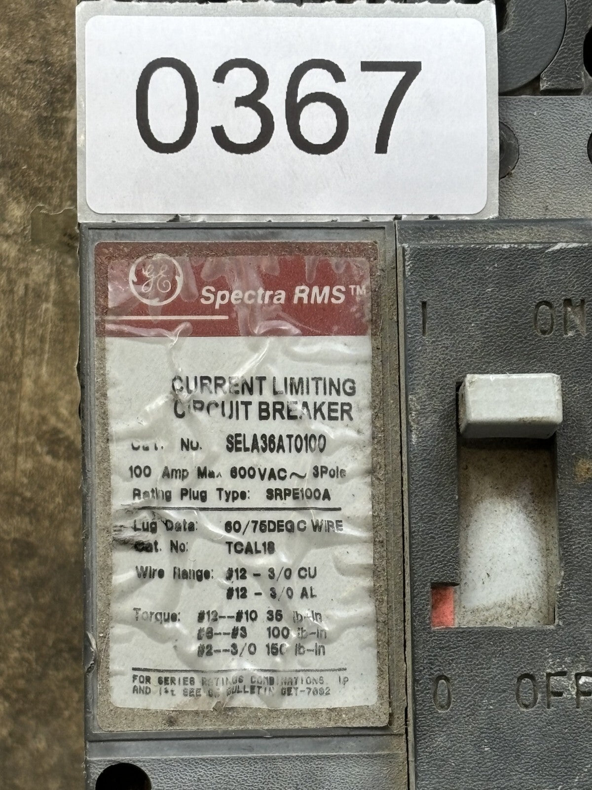 General Electric SELA36AT0100 Circuit Breaker 100 Amp 3 Pole 600 Vac1