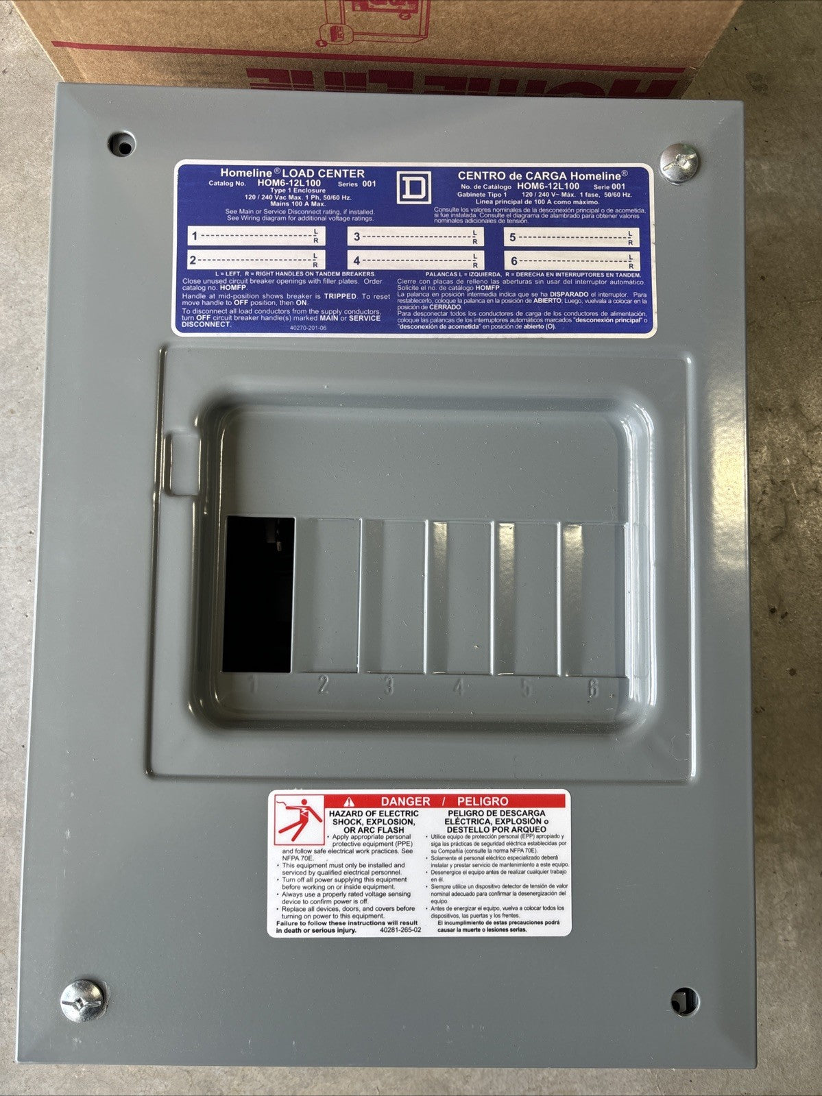 1 New SQUARE D, Home Line HOM612L100F Load Center,100A,Lug,6 Spaces3