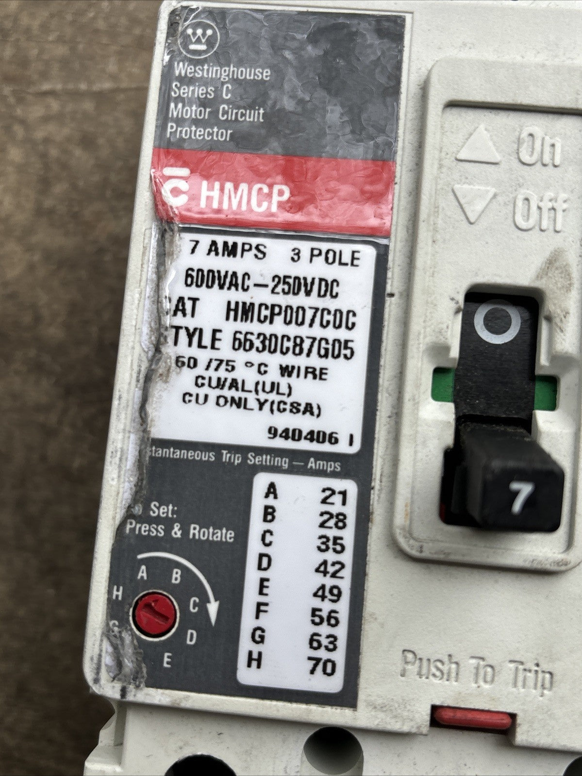 Westinghouse Motor Circuit Protector HMCP007CDC 7 Amp 600 Volt 3 Pole3