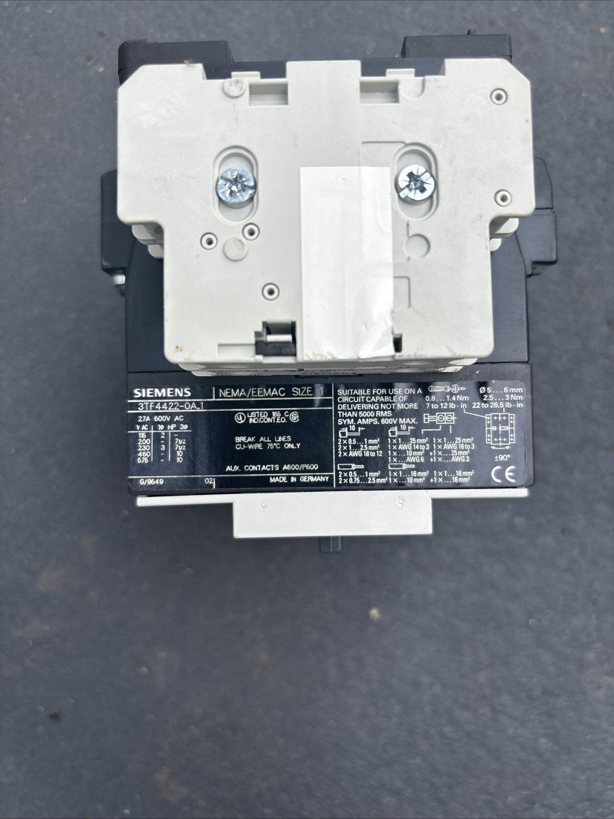 Siemens 3TF4422-0A ..1 NEMA/EEMAC SIZE 1 (BIN-1.5.1)1