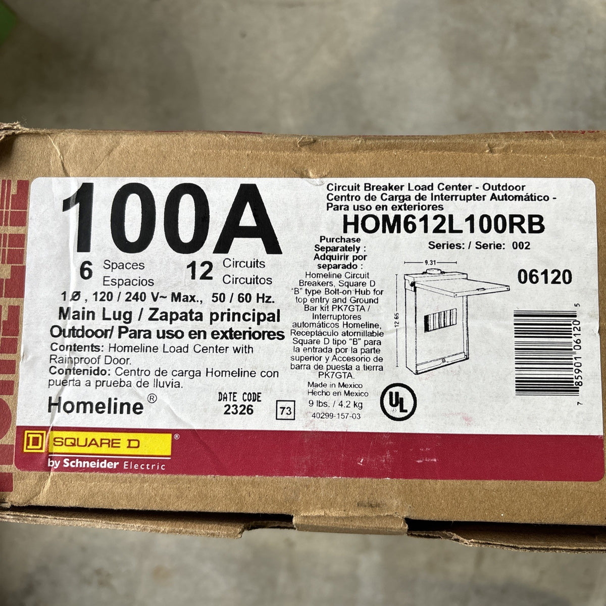 Square D HOM612L100RB Circuit Breaker Load Center  100A   120/240V   6 Space1