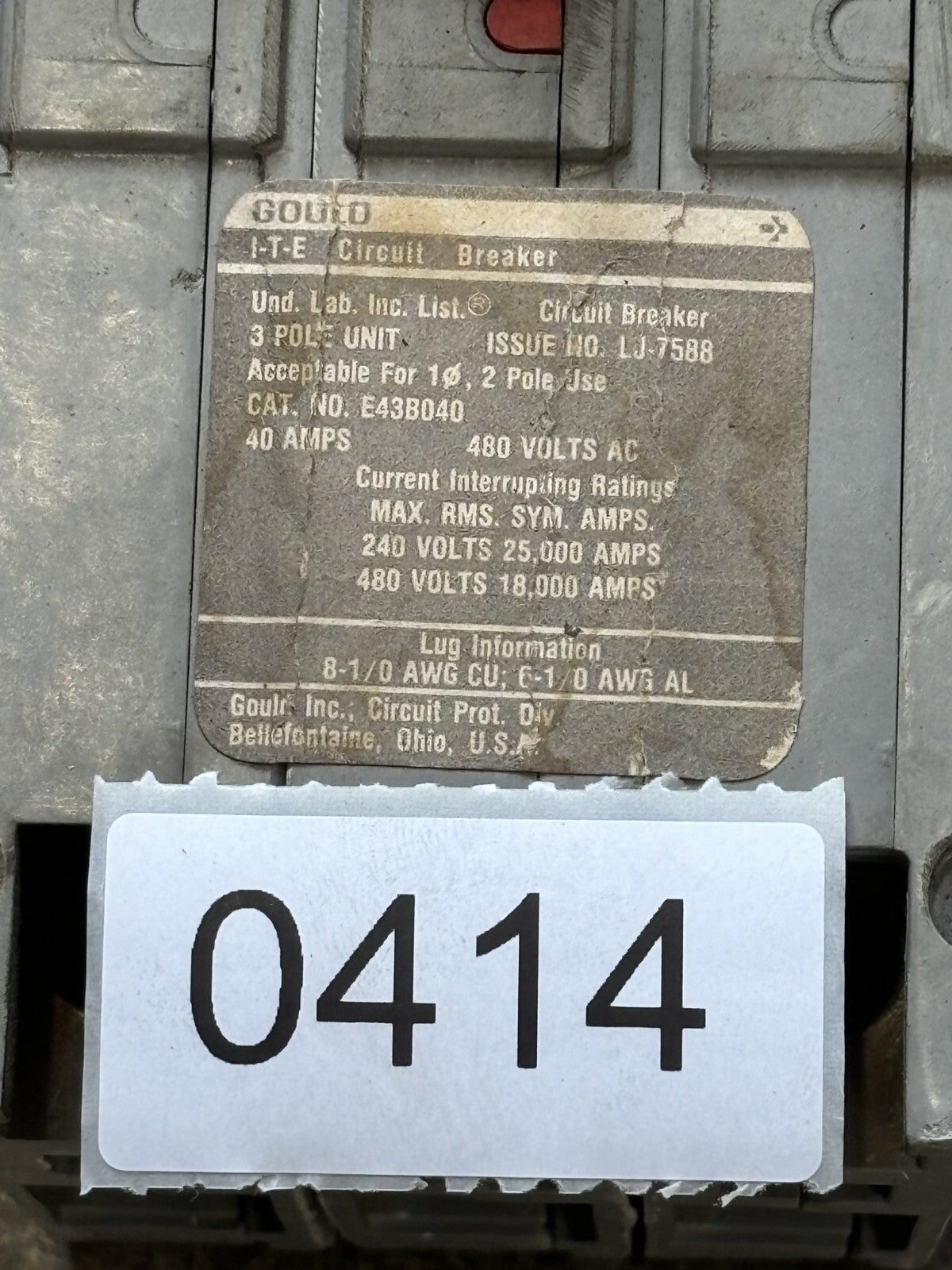ITE E43B040 Circuit Breaker 40 Amp 3 Pole 480 Vac1