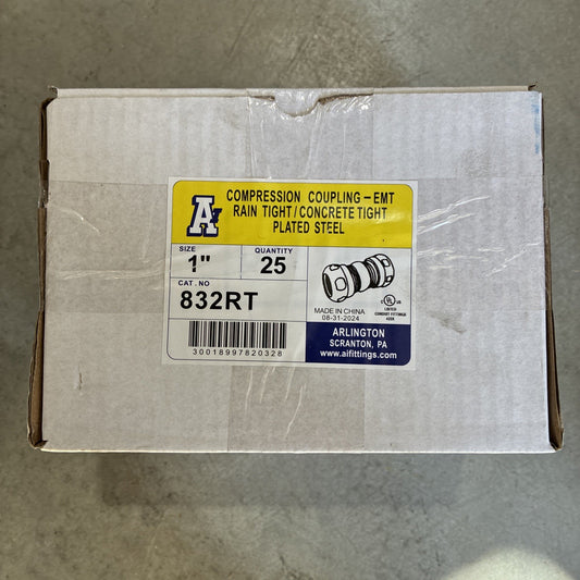 25x Arlington 832RT, 1", Steel, Rain Tight, Compression, EMT Conduit Coupling0