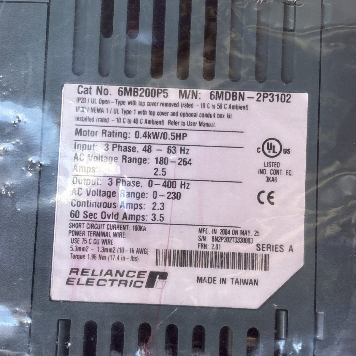 Reliance Electric MD65 AC DRIVE 6MB200P5 0.5HP 0.4kW 6MDBN 2P3102 NEW6