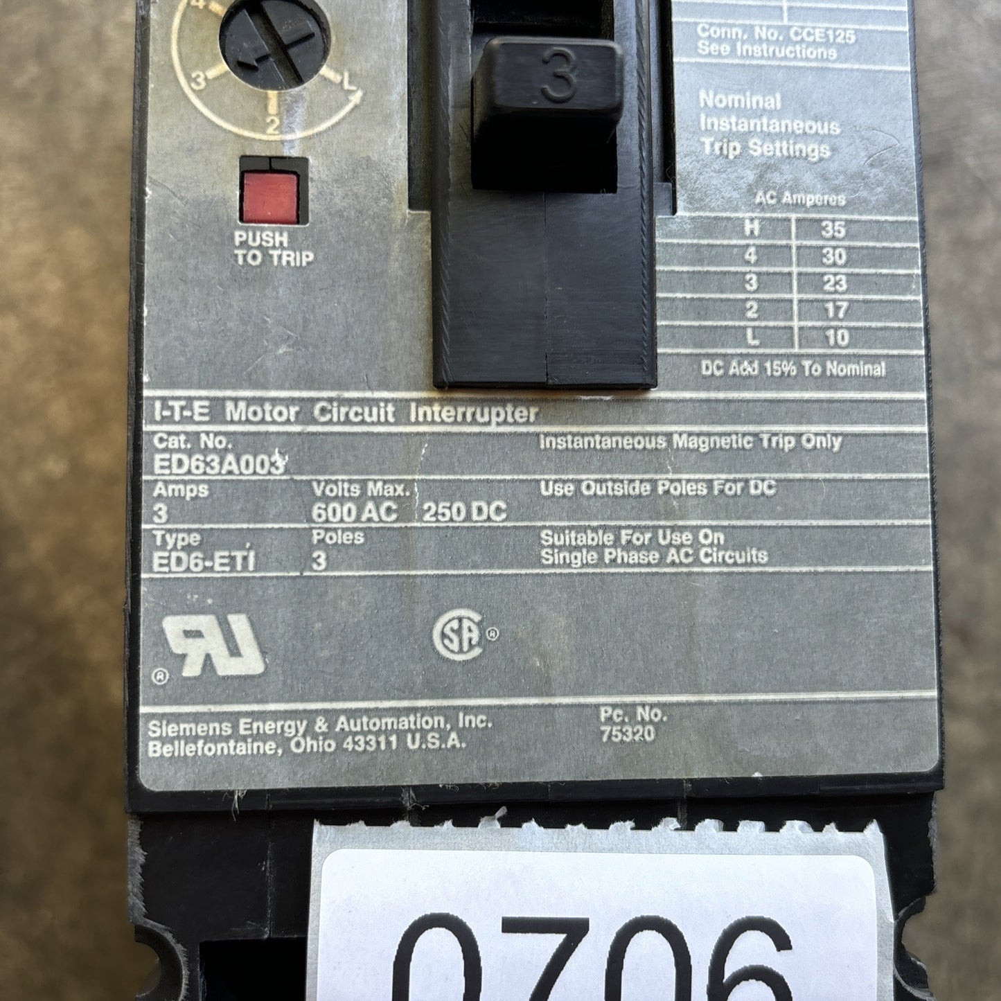 SIEMENS ITE ED63A003 TYPE ED6 ETI 3 POLE 3 AMP MOTOR CIRCUIT INTERRUPTER BREAKER6