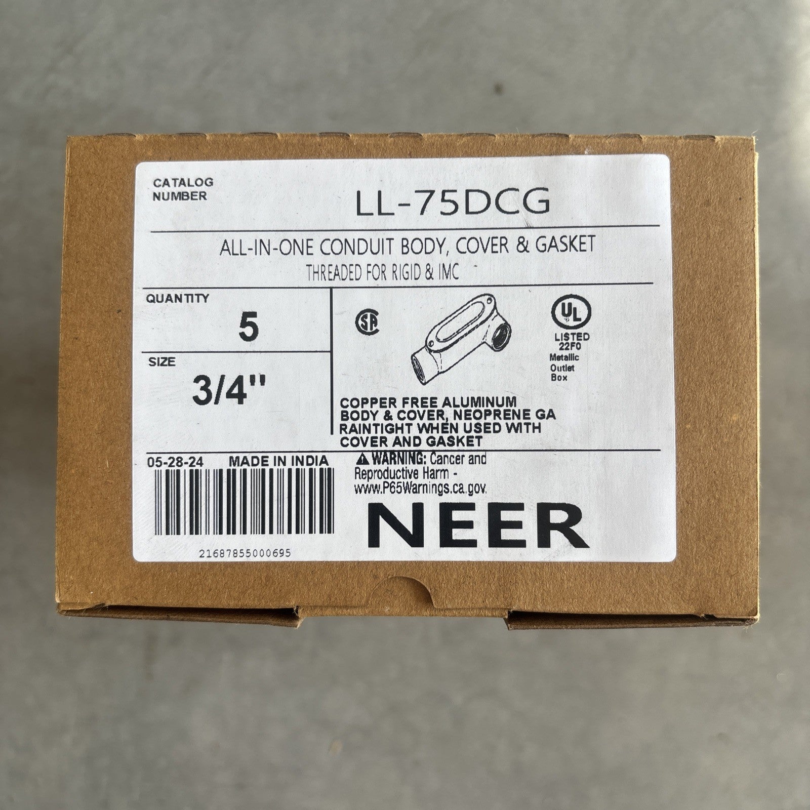BOX OF 5 NEER LL-75DCG 3/4" ALL-IN-ONE CONDUIT BODY WITH COVER & GASKET0