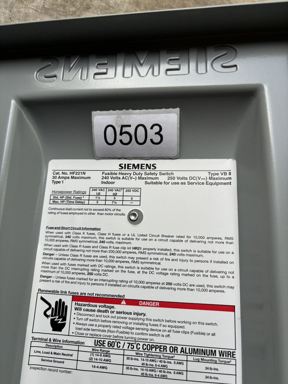 Siemens HF221N Fusible Heavy Duty Safety Switch 30 Amp 240 Vac3
