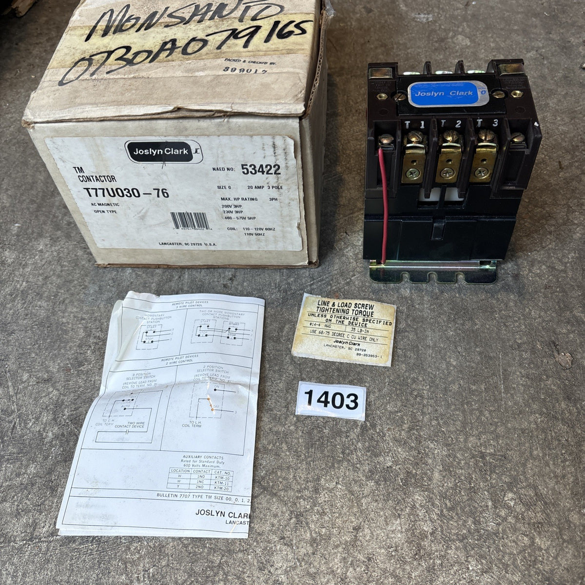 NEW JOSLYN CLARK T77U030 76 CONTACTOR SIZE 0 20A 3 POLE T77U030760