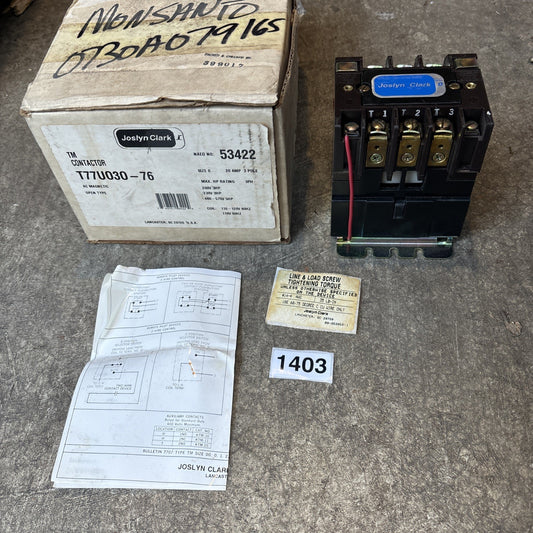 NEW JOSLYN CLARK T77U030 76 CONTACTOR SIZE 0 20A 3 POLE T77U030760