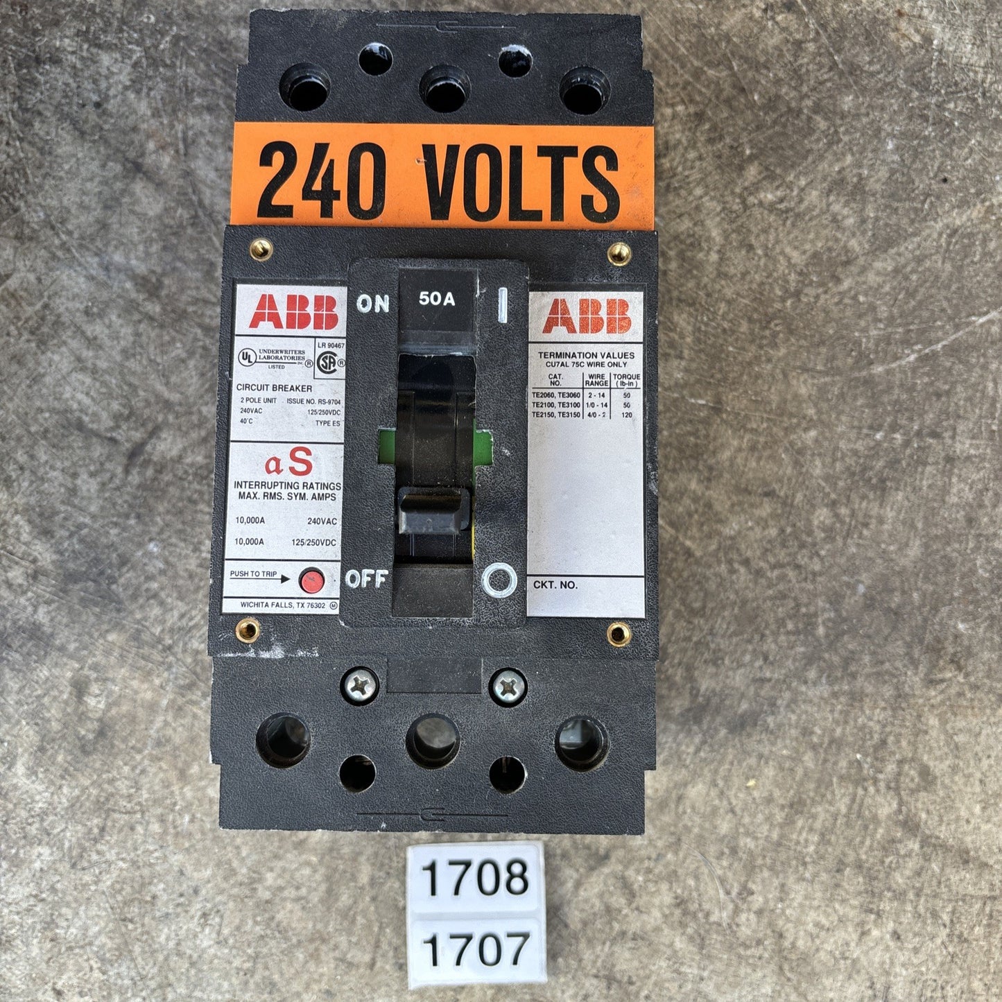 ABB CIRCUIT BREAKER TE2060 TE3060 TE2100 TE3100 TE2150 TE3150 100A TYPE EH USED0