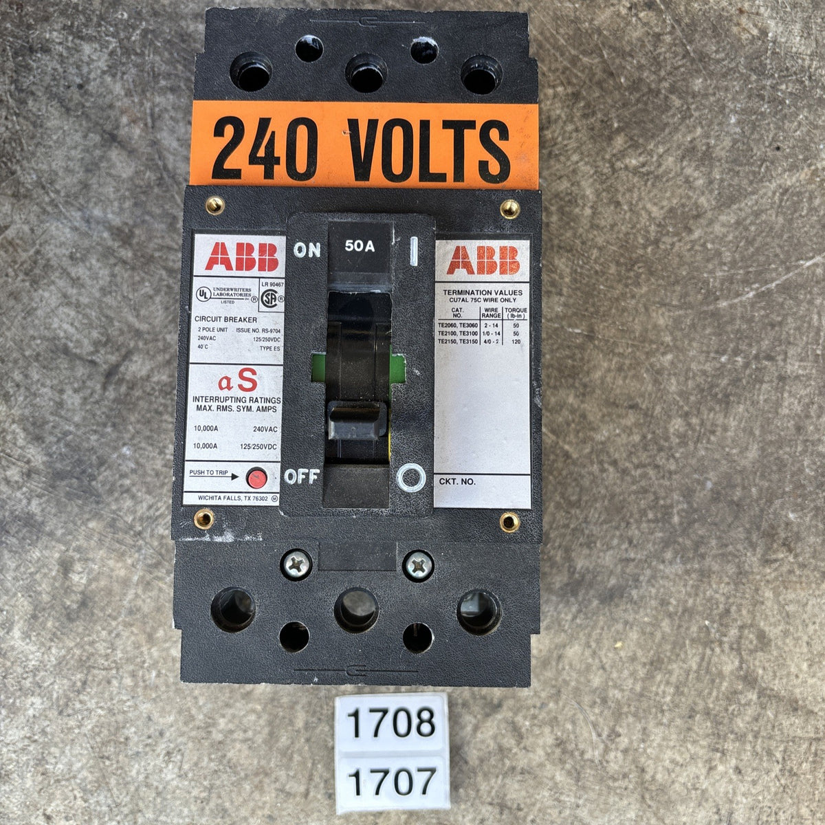 ABB CIRCUIT BREAKER TE2060 TE3060 TE2100 TE3100 TE2150 TE3150 100A TYPE EH USED0