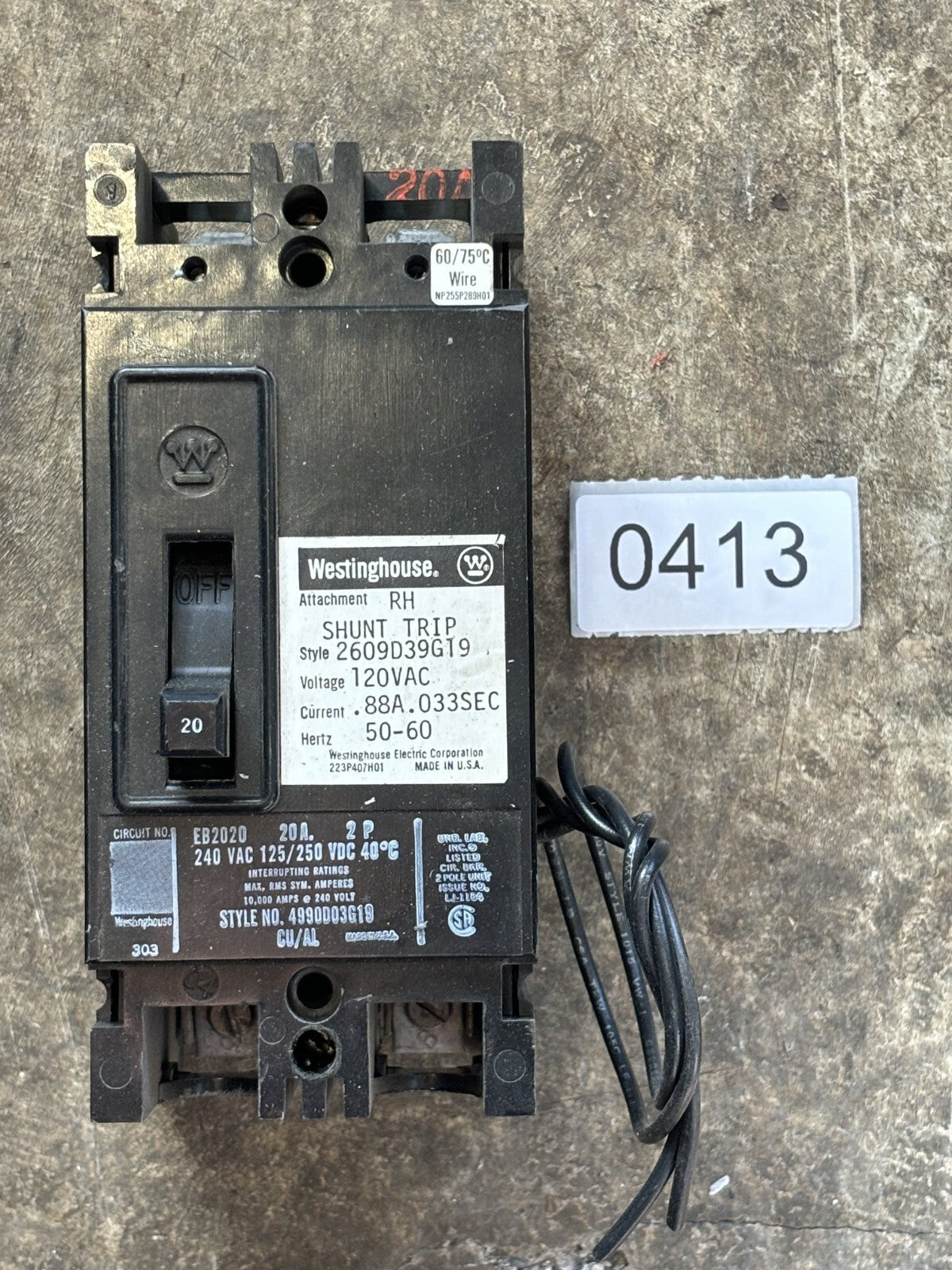 Westinghouse EB2020 Circuit Breaker 2 Poles 240 Vac 20 Amp0