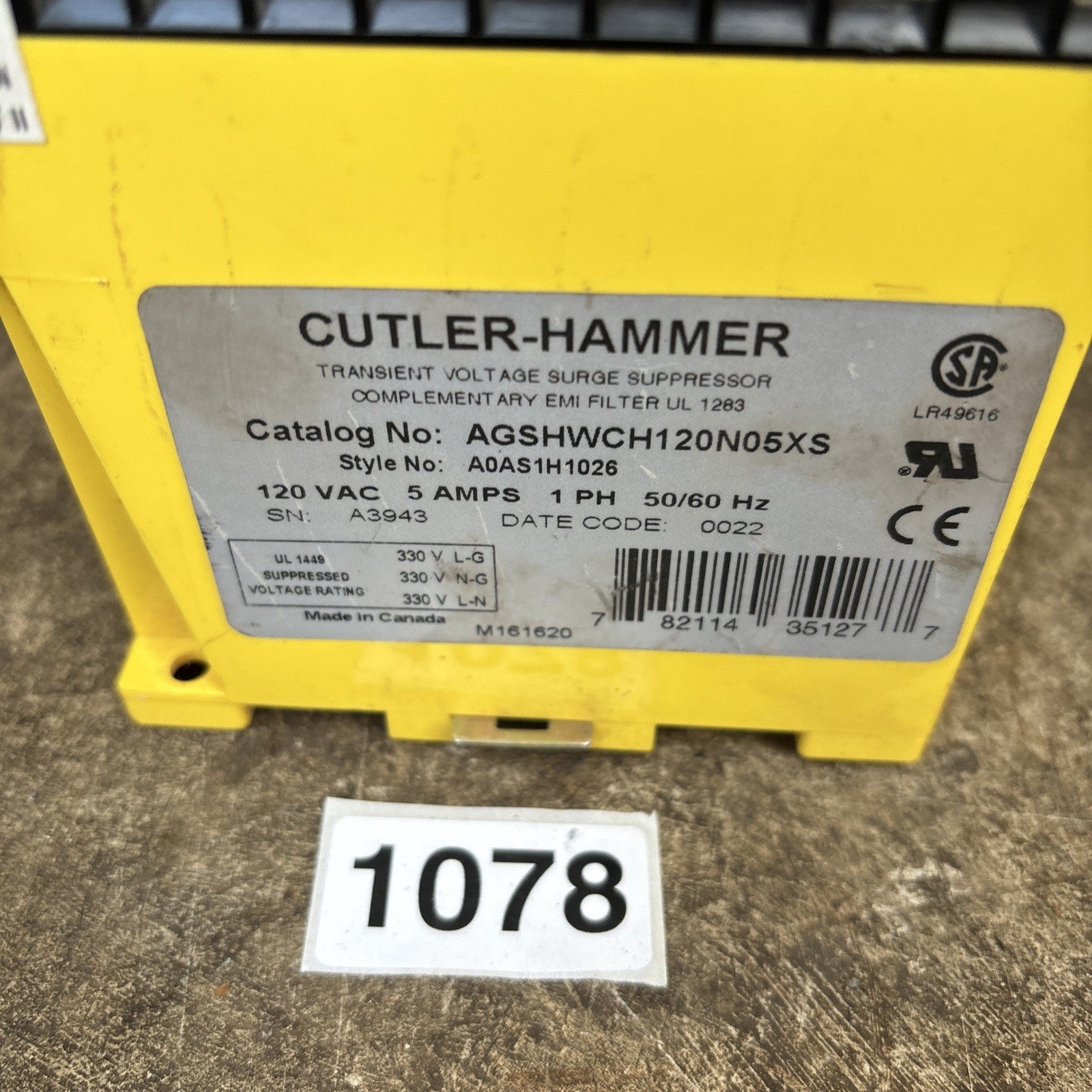 GUARANTEED! CUTLER HAMMER 120V 5A VOLTAGE SURGE SUPPRESSOR AGSHWCH120N05XS1