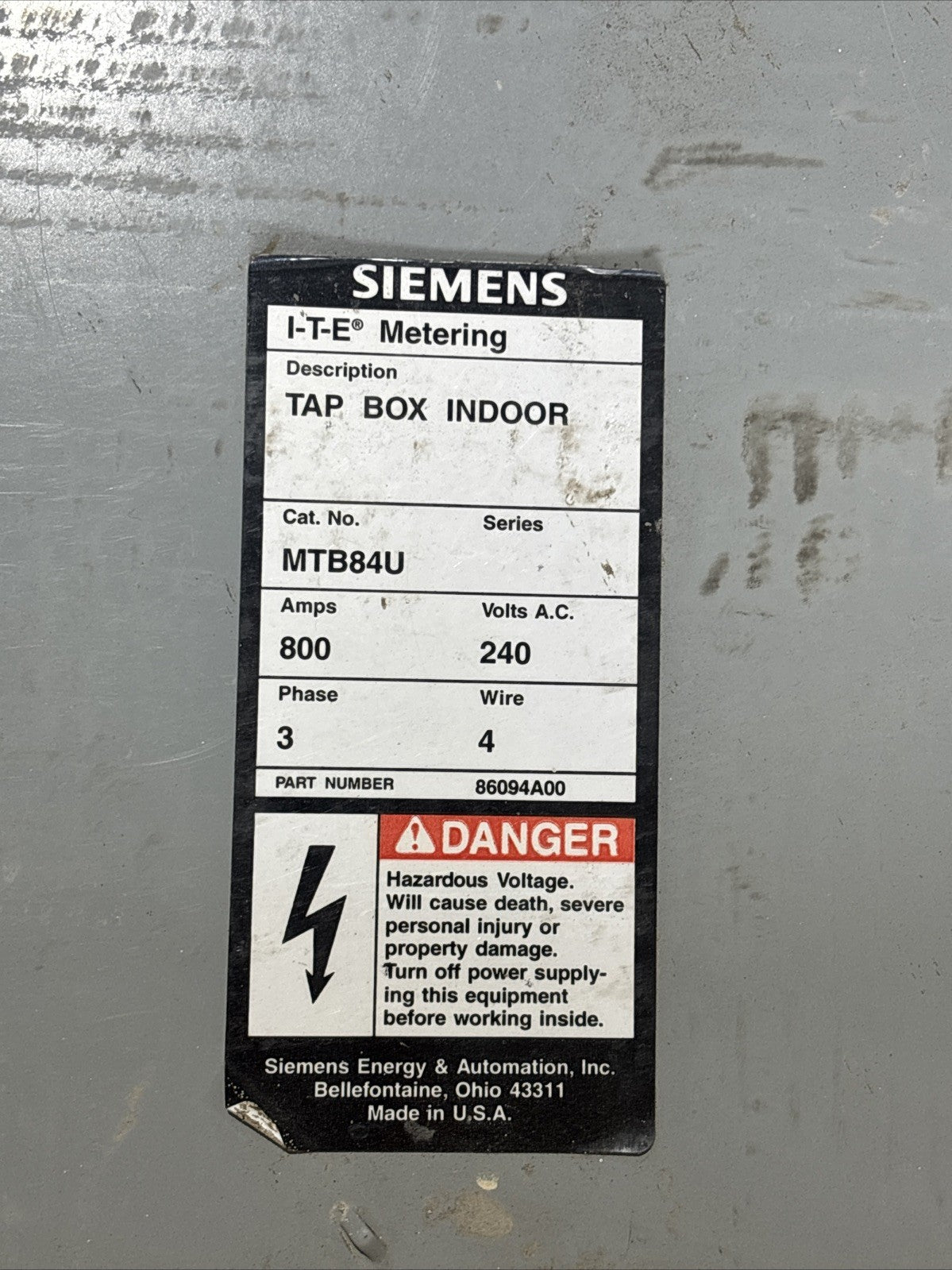 SIEMENS ITE MTB84U 3 PH 4 W 800A 240V  NEMA 3R METER STACK TAPBOX MODULE1