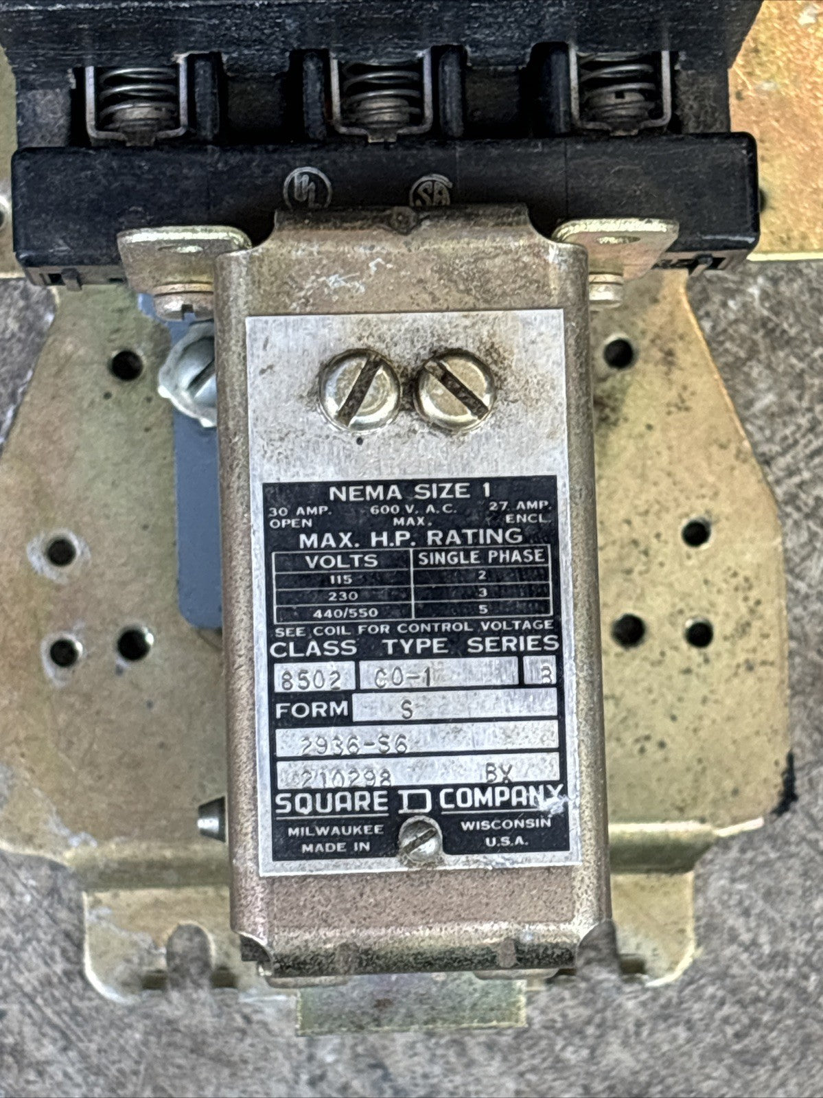 Square D Nema 1 Starter Switch Form Type C0 1 30 Amp 2936 S6 Ser B       C251