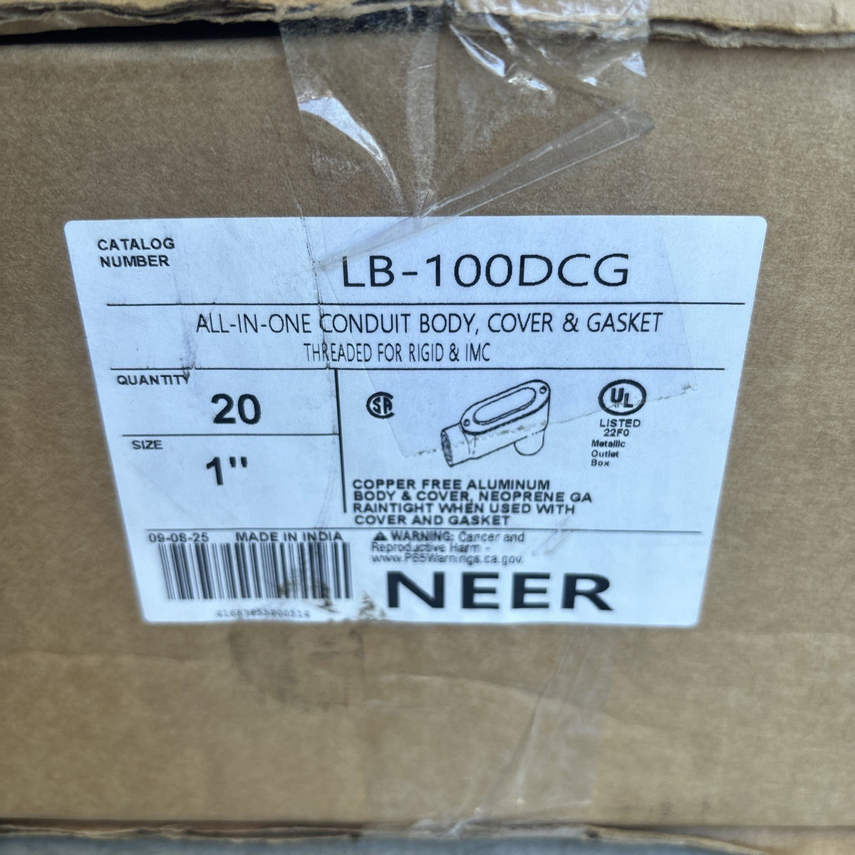 20 LB-100DCG Type LB Conduit Body With Cover and Gasket 1 in Hub Appleton NEER1
