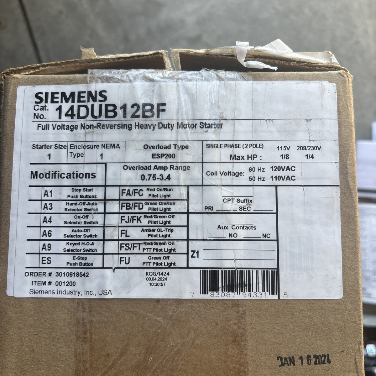 New In Box 14DUB12BF Siemens 2 Pole 27A 600V NEMA 1 Non-Reversing Motor Starter1