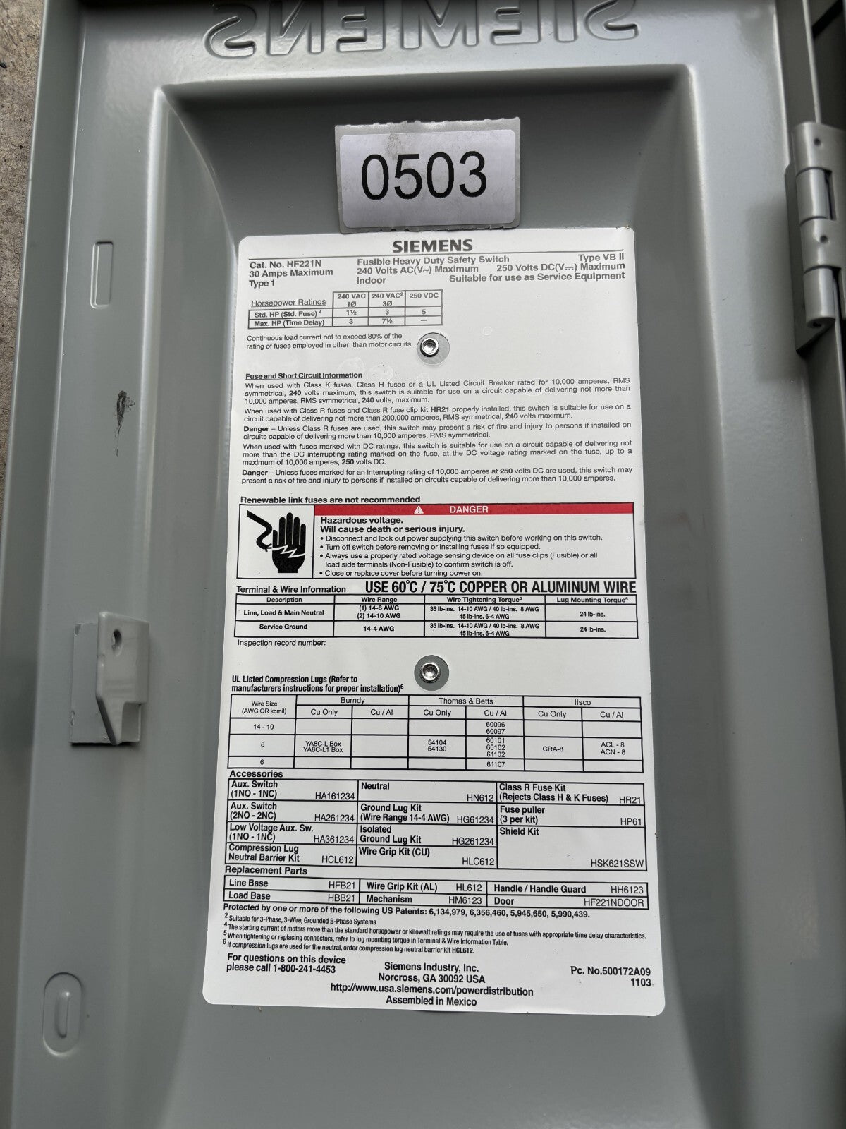 Siemens HF221N Fusible Heavy Duty Safety Switch 30 Amp 240 Vac2