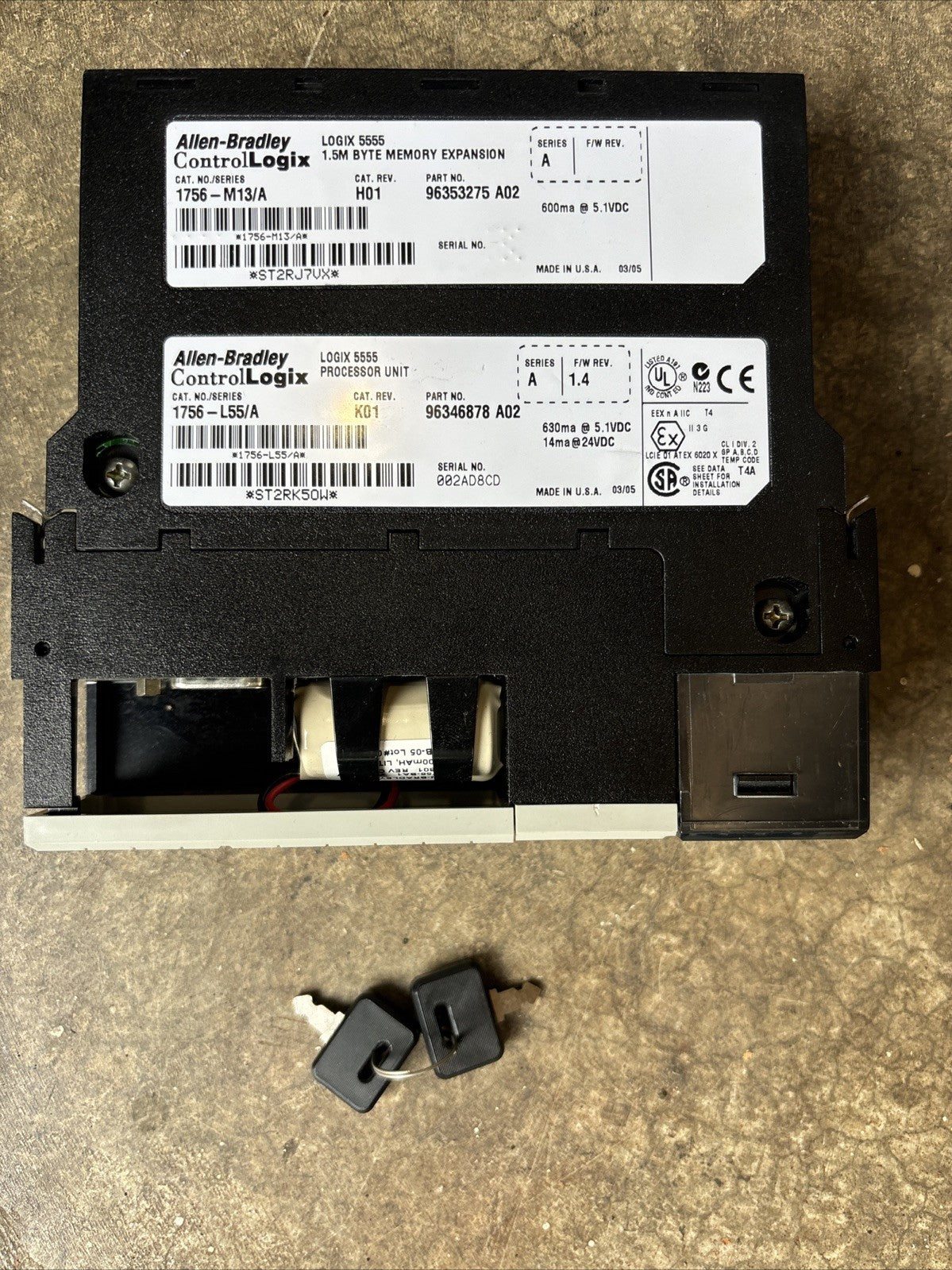 Allen Bradley 1756 L55/A Rev G02 Ser A PLC Processor w/1756 M13/A Memory Module1
