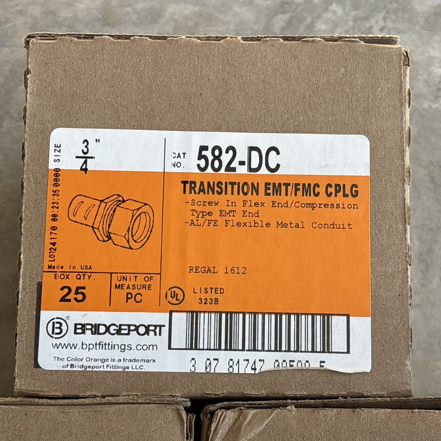 Lot Of 75 Bridgeport 582 DC Transition EMT/FMC CPLG 3/4",1