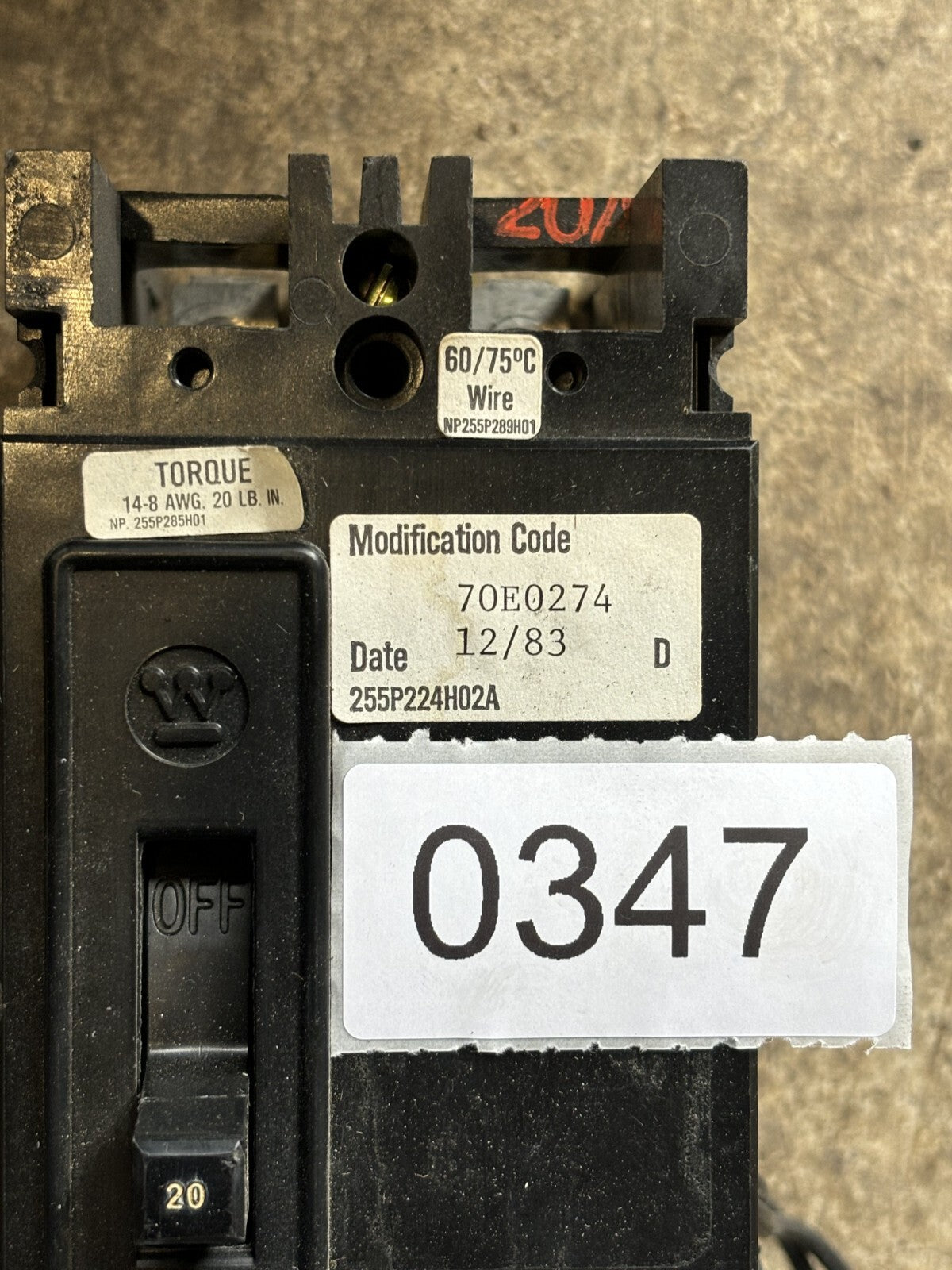 Westinghouse EB2020 Circuit Breaker 2 Poles 240 Vac 20 Amp2